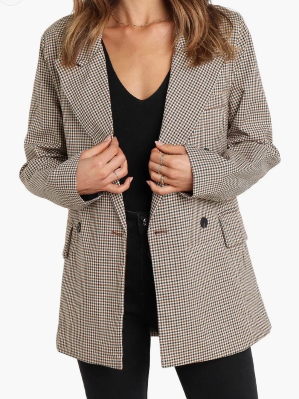Houndstooth Plaid Double-Breasted Blazer Jacket - Brown/Black